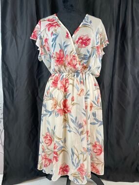 En Focus Petite Floral Faux Wrap Midi Dress Flutter Sleeve Cream Pink 14P Summer